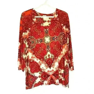 Chicos 3 top v-neck 3/4 sleeve orange pink paisley